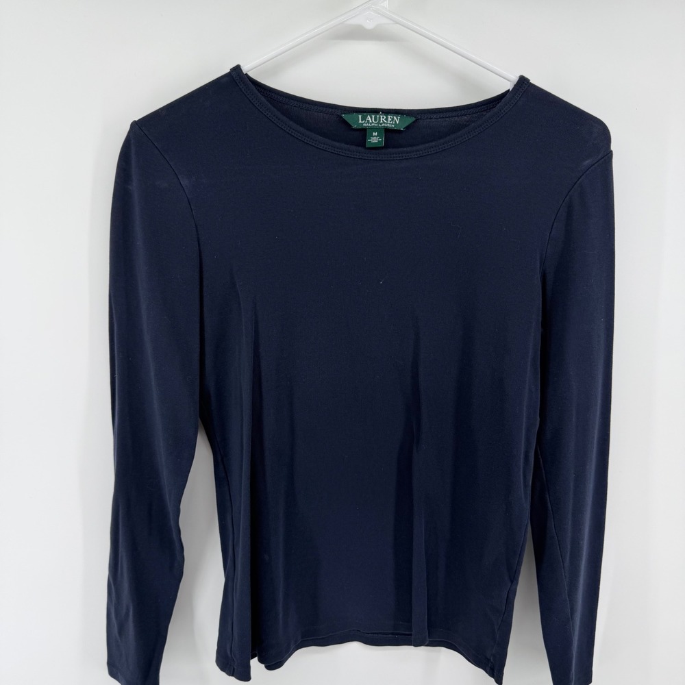 Lauren Ralph Lauren Navy Blue Long Sleeve Crew Neck Cotton Blend Top Medium